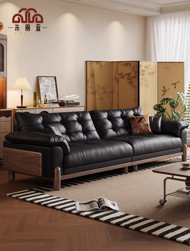 朱丽亚 中古风云朵真皮沙发油蜡皮客厅复古墨绿色三人位皮质沙发